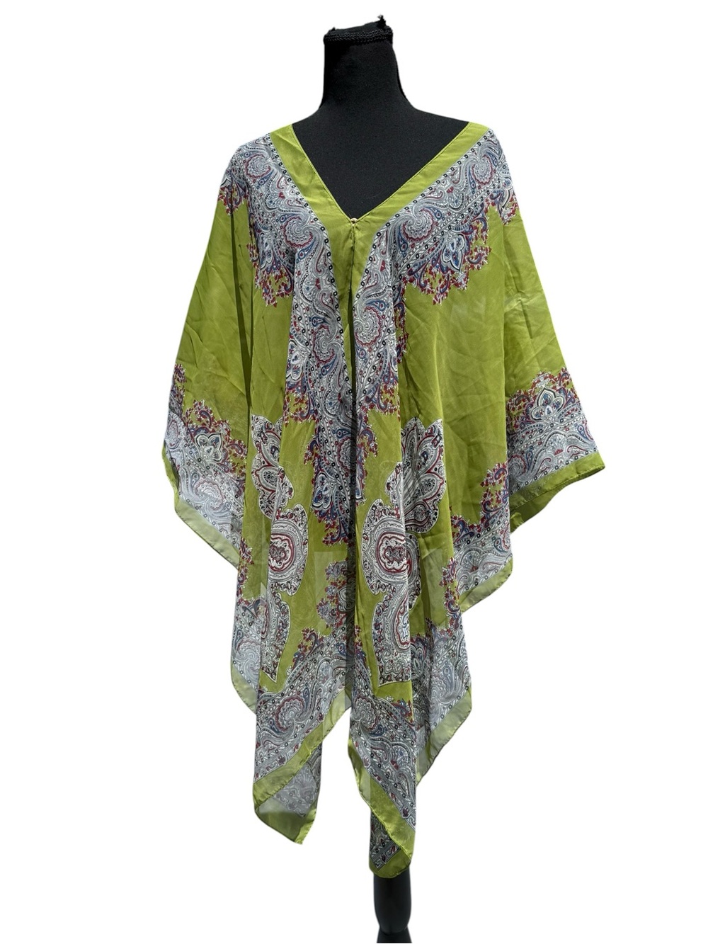 Green Paisley Print Sheer Boho Kaftan Tunic Top